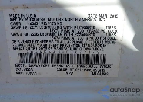 2015 Mitsubishi Outlander Sport Se z USA, uszkodzony, nr VIN 4A4AR4AU2FE027143